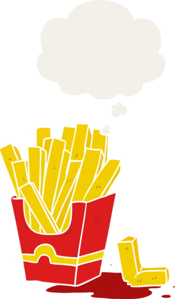 Düşünce baloncuğu olan çizgi film kızartmaları insan tarafından çizilmiş.