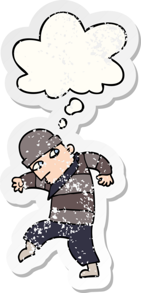 Düşünce baloncuğu olan çizgi film hırsızı bir insan tarafından çizilmiş yıpranmış bir çıkartma.