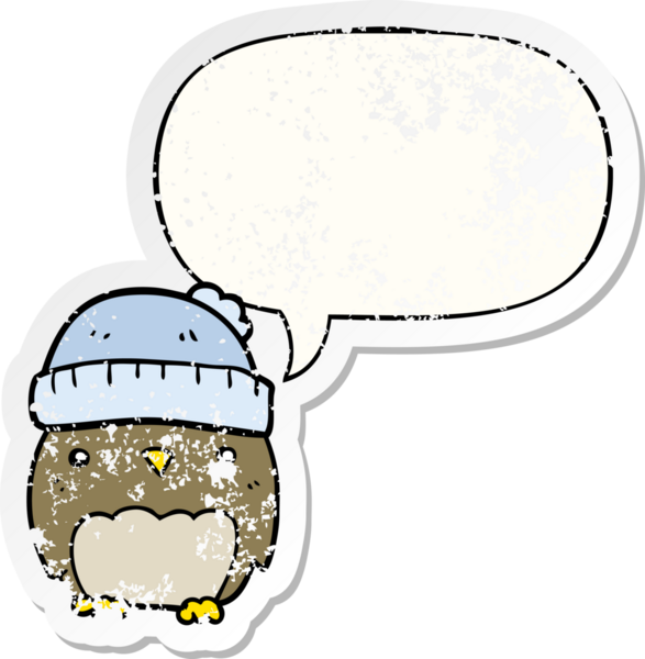 Konuşma baloncuğu olan şapkalı sevimli bir baykuş. Bir insan tarafından çizilmiş sıkıntılı eski bir çıkartma.