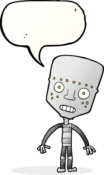 Bir insan tarafından çizilmiş konuşma balonu olan çizgi film robotu.