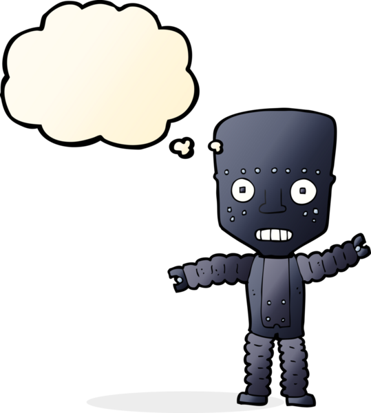 Bir insan tarafından çizilmiş düşünce baloncuklu çizgi film robotu