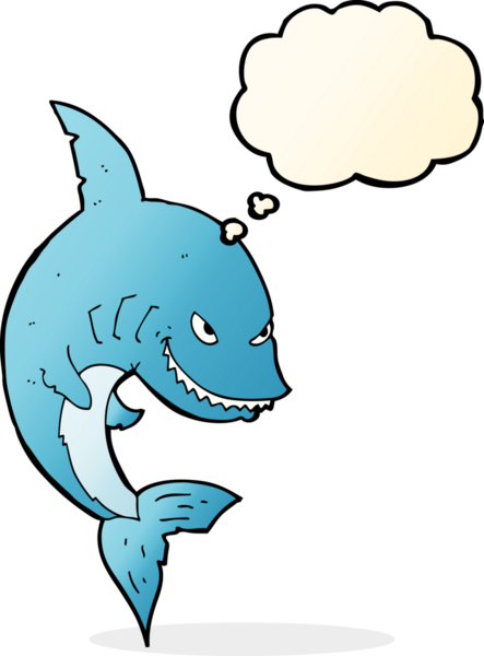 Bir insan tarafından çizilmiş düşünce baloncuklu komik köpek balığı.