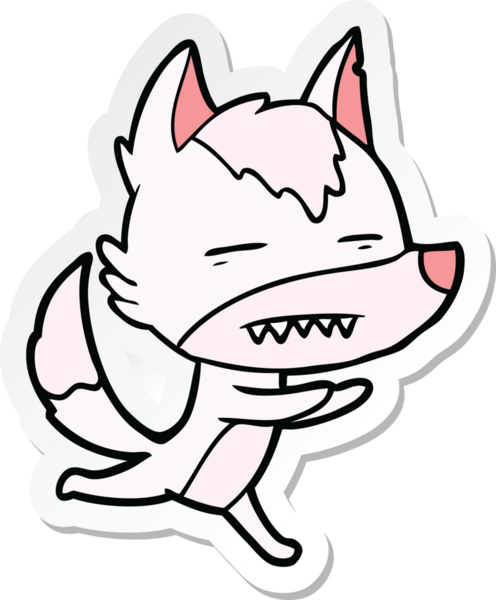 Bir insan tarafından çizilmiş dişleri gösteren bir kurt çizgi film etiketi.