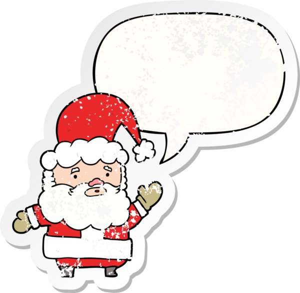Çizgi film Noel Baba, konuşma balonuyla el sallıyor. Bir insan tarafından çizilmiş, sıkıntılı, eski bir çıkartma.