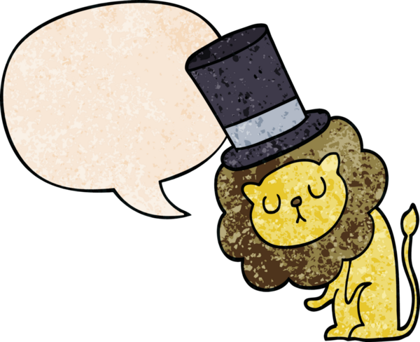 Bir insan tarafından çizilmiş eski moda konuşma baloncuklu silindir şapkalı şirin bir aslan.