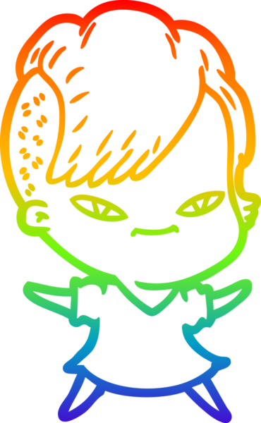 Gökkuşağı gradyan çizimi. Hipster saç kesimi bir insan tarafından çizilmiş şirin bir çizgi film kızı.