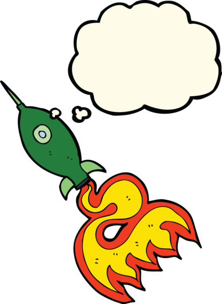 Bir insan tarafından çizilmiş düşünce baloncuklu uzay roketi.