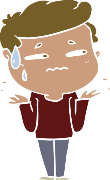 Düz renkli çizgi film. Bir insan tarafından çizilmiş kafası karışmış bir adam.