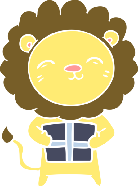 Bir insan tarafından çizilmiş noel hediyeli düz renkli çizgi film aslanı.