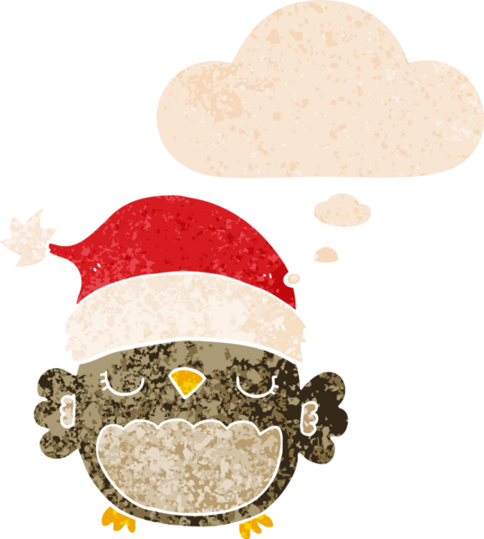 Sevimli noel baykuşu. Düşünce baloncuğu, grunge 'da sıkıntılı retro stili bir insan tarafından çizilmiş.