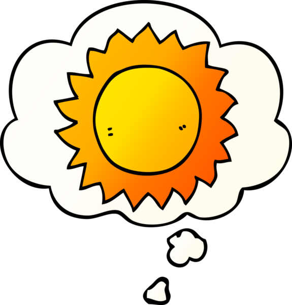 Düşünce baloncuklu karikatür güneşi bir insan tarafından çizilmiş.