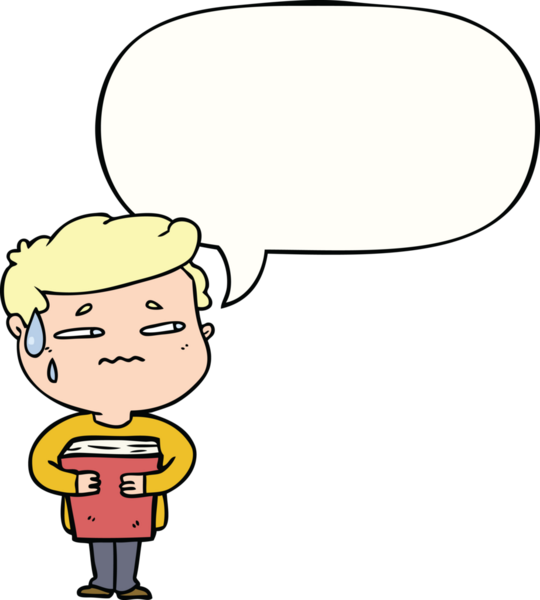 Bir insan tarafından çizilmiş konuşma balonlu kitap taşıyan endişeli bir çocuk.