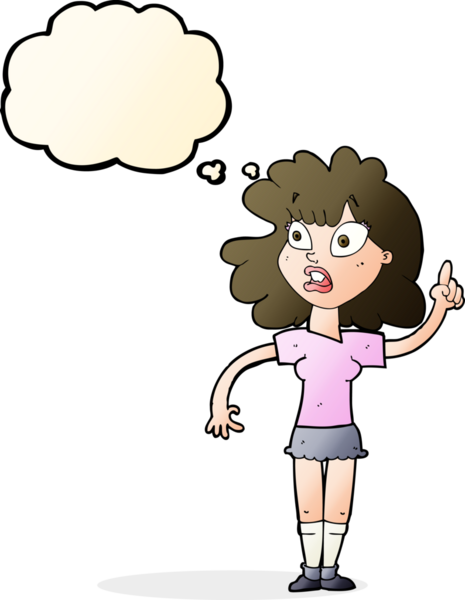 Bir insan tarafından çizilen düşünce baloncuğuyla nokta koyan çizgi film kadını.