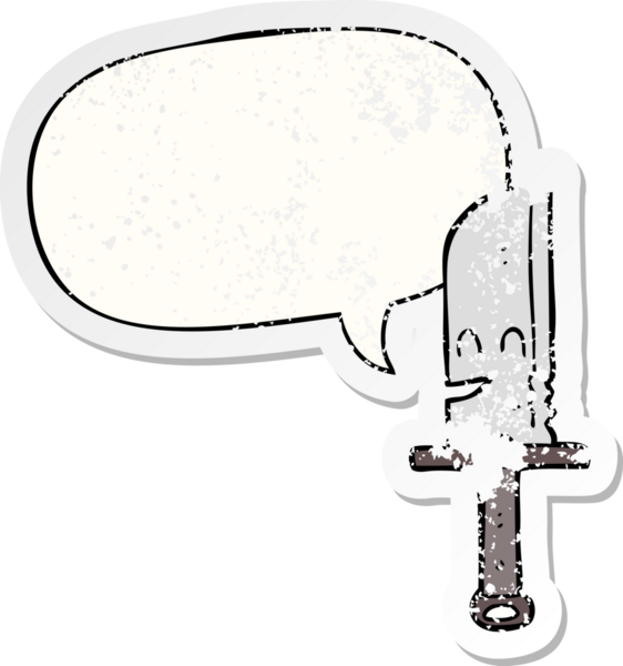 Konuşma baloncuğu olan çizgi film bıçağı bir insan tarafından çizilmiş sıkıntılı eski bir çıkartma.