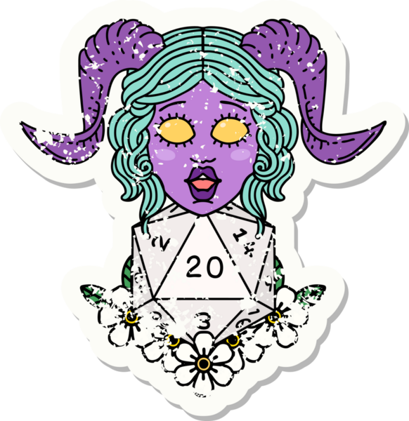 Bir insan tarafından çizilmiş doğal yirmilik zarla süslenmiş grunge çıkartması.