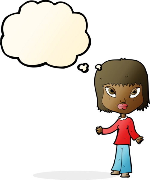 Bir insan tarafından çizilmiş düşünce balonlu açık kollu çizgi film kadını.