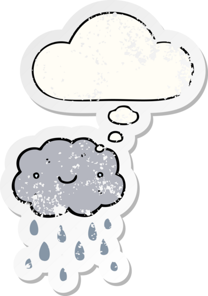 Düşünce baloncuğu olan sevimli çizgi film bulutu bir insan tarafından çizilmiş yıpranmış bir çıkartma gibi.
