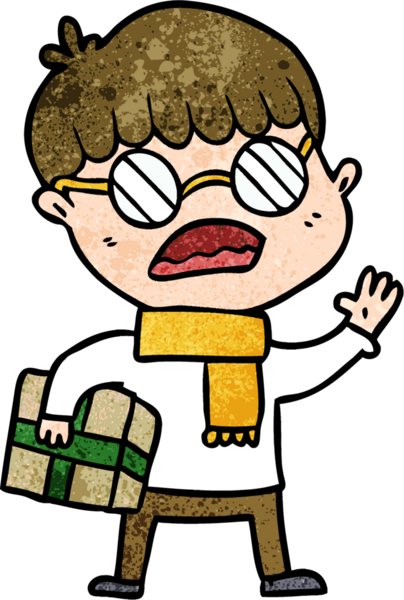 Bir insan tarafından çizilmiş gözlük takan ve hediye taşıyan çizgi film çocuğu.