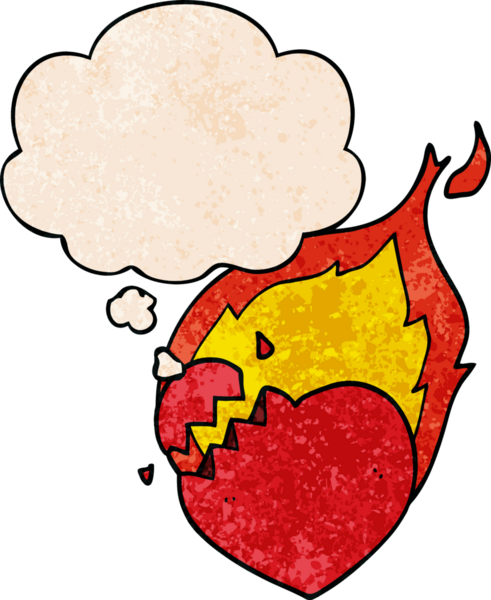 Bir insan tarafından çizilmiş grunge desenli düşünce baloncuklu yanan kalp çizgi filmi.