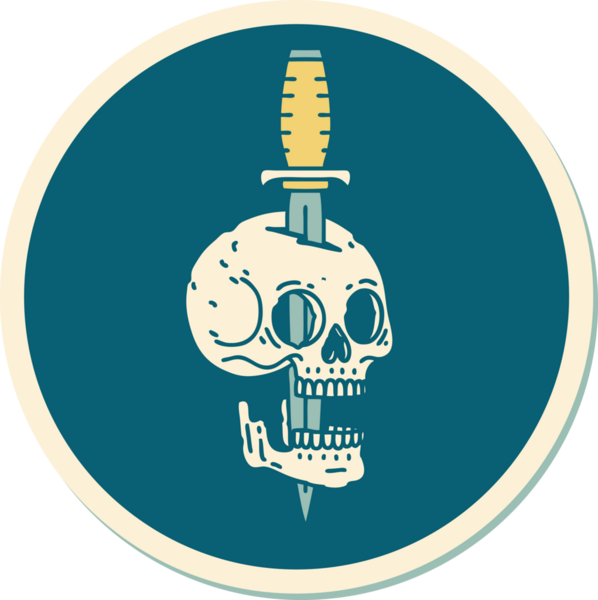 Bir insan tarafından çizilmiş bir kafatasının geleneksel stiliyle dövme çıkartması.