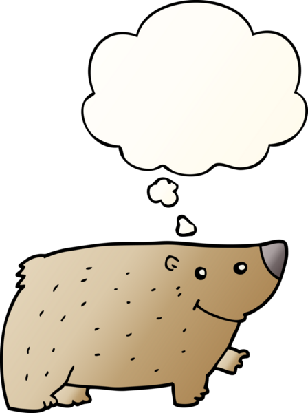 Bir insan tarafından çizilmiş yumuşak eğimli düşünce baloncuklu çizgi film ayısı.