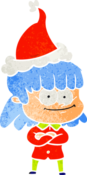 Bir insan tarafından çizilmiş Noel Baba şapkası giymiş gülümseyen bir kadının el çizimi karikatürü.