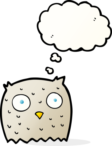 Bir insan tarafından çizilmiş düşünce baloncuklu çizgi film baykuşu