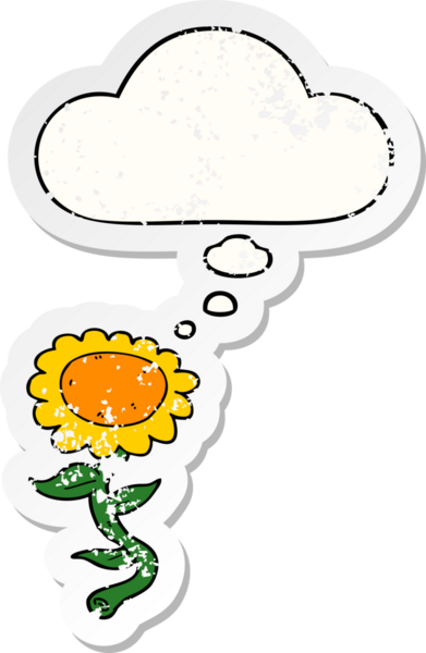 Düşünce baloncuğu olan karikatür ayçiçeği insan tarafından çizilmiş yıpranmış bir çıkartma gibi.