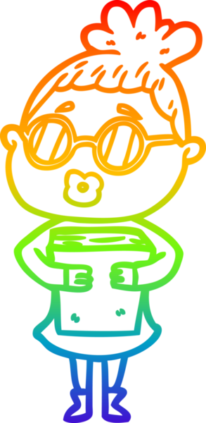 Gökkuşağı gradyan çizgi çizimi bir insan tarafından çizilmiş gözlük takan bir çizgi kadın.