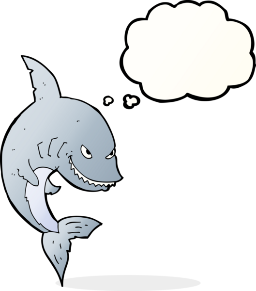 Bir insan tarafından çizilmiş düşünce baloncuklu komik köpek balığı.