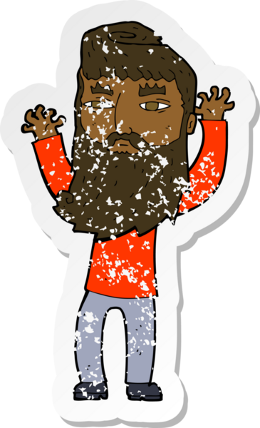 Bir insan tarafından çekilen kollarını sallayan sakallı bir çizgi film karakterinin gerilimli retro yapıştırması.