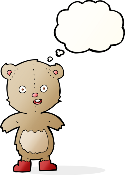 Çizmeli mutlu oyuncak ayı, bir insan tarafından çizilmiş düşünce baloncuğu.