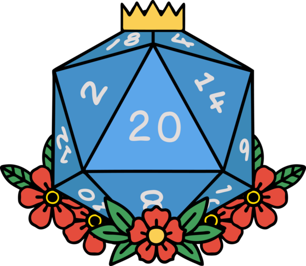 Retro Dövme Biçimi Doğal 20 D20 zar bir insan tarafından çizilmiş çiçek elementleriyle