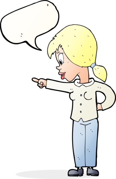 Bir insan tarafından çizilmiş konuşma balonunu işaret eden karikatürist hevesli kadın.