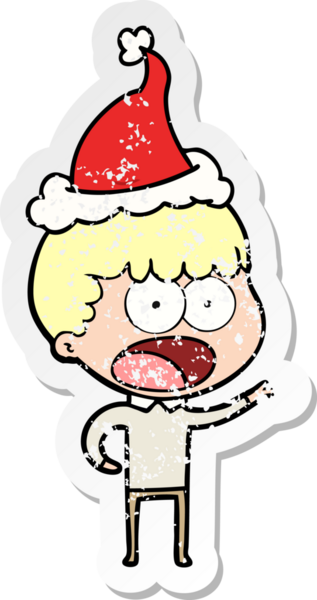 Şok olmuş bir adamın insan tarafından çizilmiş Noel Baba şapkası giymiş bir el yazısı.