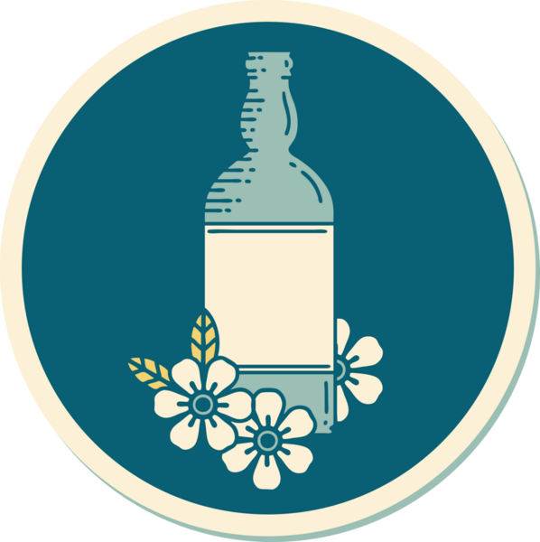 Rom şişesi ve bir insan tarafından çizilmiş çiçek şeklinde dövme çıkartması.