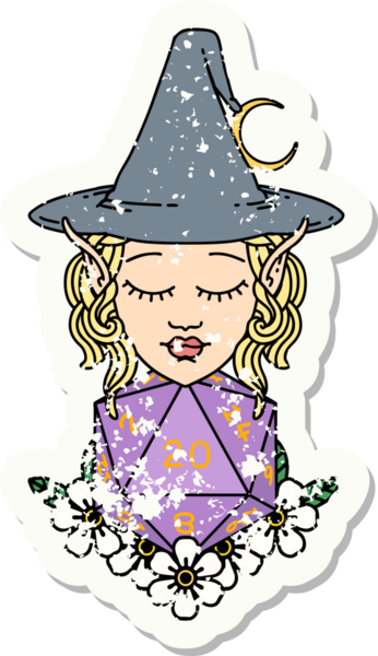 Bir insan tarafından çizilmiş doğal yirmi zarlı elf büyücü karakterinin grunge sticker 'ı.