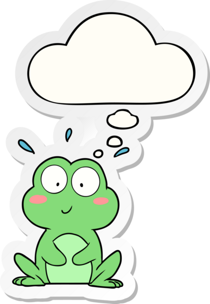 Bir insan tarafından çizilmiş bir çıkartma olarak düşünce baloncuğu olan sevimli çizgi film kurbağası.
