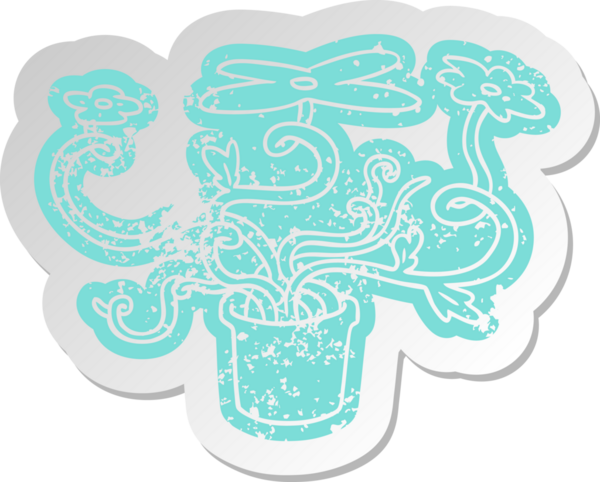 Bir insan tarafından çizilmiş bir çiçek bitkisinin sıkıntılı eski çizgi film etiketi.