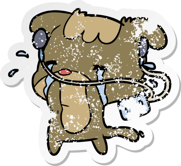 Bir insan tarafından çizilen müziği dinleyen üzgün bir köpeğin hüzünlü çıkartması.