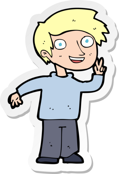 Bir insan tarafından çizilen fotoğraf için poz veren bir çizgi film çocuğunun çıkartması.