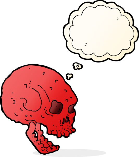 Bir insan tarafından çizilmiş düşünce baloncuklu garip kafatası.