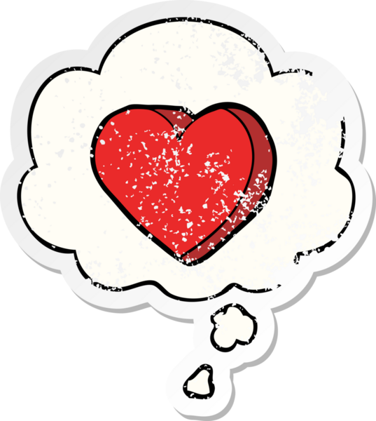 İnsan tarafından çizilmiş yıpranmış bir çıkartma gibi düşünce baloncuklu çizgi film aşk kalbi.