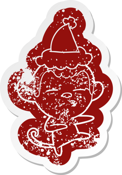 Bir insan tarafından çizilmiş Noel Baba şapkası giyen şüpheli bir maymunun garip bir karikatürü.