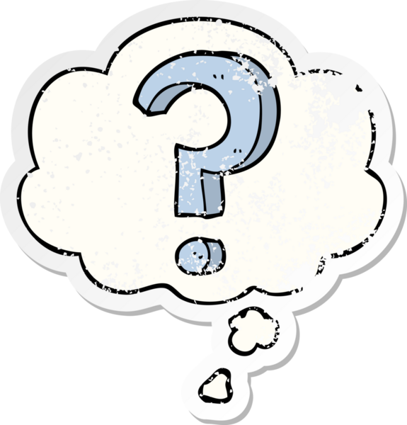 Düşünce baloncuklu çizgi film soru işareti bir insan tarafından çizilmiş yıpranmış bir çıkartma.