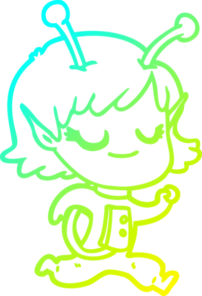 Bir insan tarafından çizilmiş gülümseyen uzaylı kız çizgi filmi.