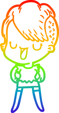 Gökkuşağı gradyan çizimi. Hipster saç kesimi bir insan tarafından çizilmiş şirin bir çizgi film kızı.