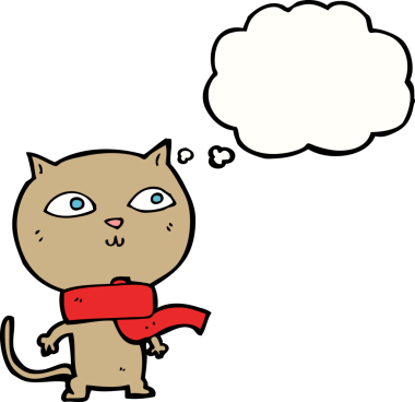 Bir insan tarafından çizilmiş düşünce baloncuklu fular takan komik bir kedi.