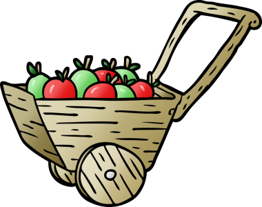 Bir insan tarafından çizilmiş taze elmalarla dolu çizgi film arabası.