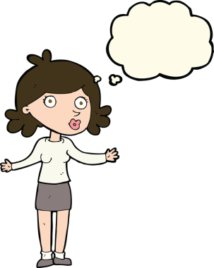 Bir insan tarafından çizilmiş düşünce baloncuğu olan kafası karışık bir kadın çizgi filmi.